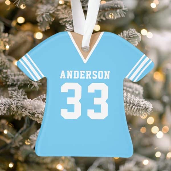 Light Blue Personalized Jersey Christmas Ornament With The Name Anderson And Number 33.