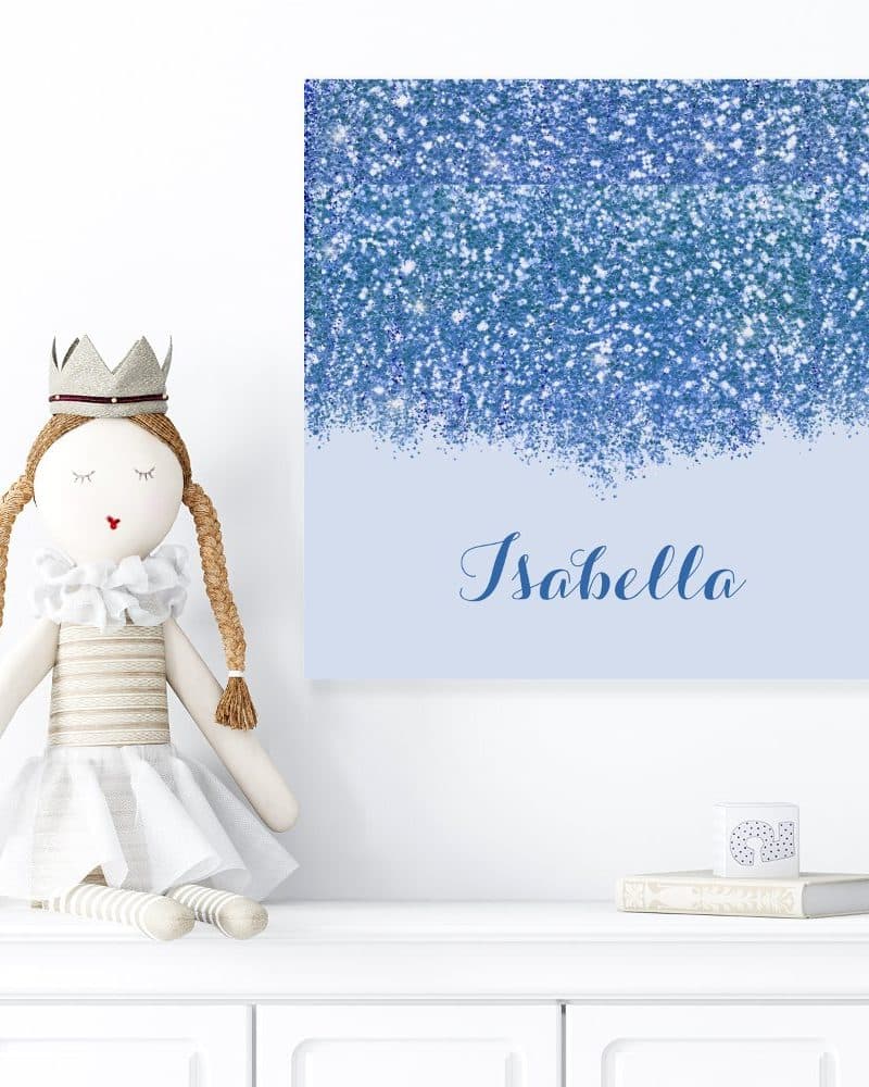 Blue glitter canvas with the name Isabella.