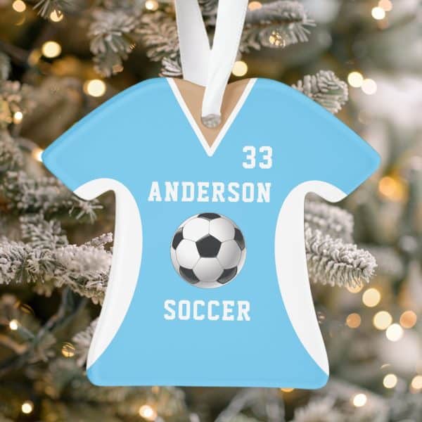 Light Blue Soccer Jersey Ornament With The Name Anderson And Number 33. A Soccer Ball Is Centered Below The Name.