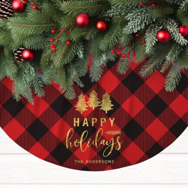 Red And Black Buffalo Plaid Christmas Tree Skirt With Gold Lettering That Says Happy Holidays And The Andersons.