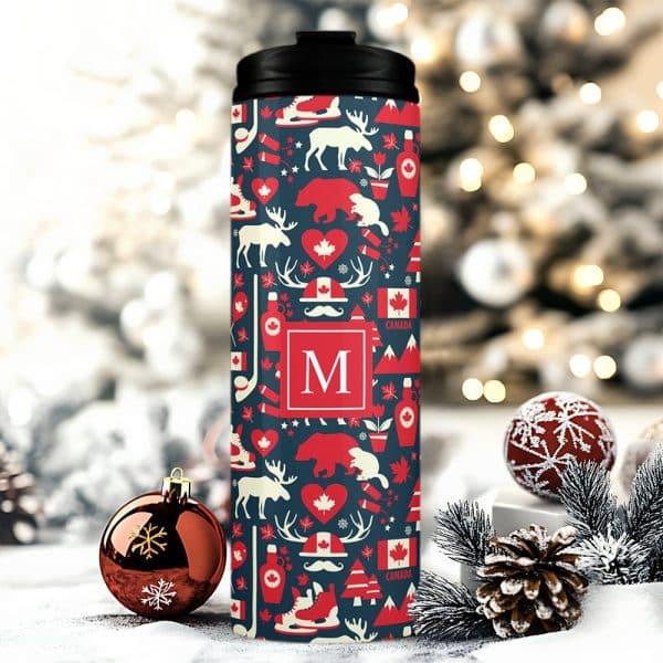 Personalized Travel Tumbler With A Canadian Themed Design, Including A Large Initial M.