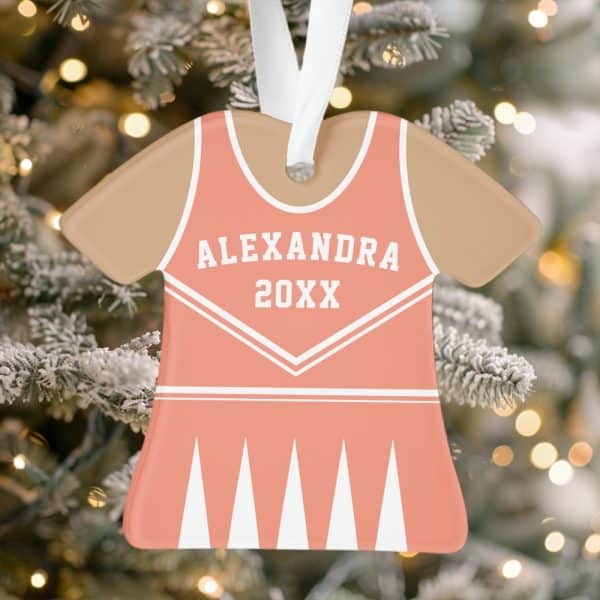 Coral And Beige Cheerleader Uniform-Shaped Christmas Ornament With The Name Alexandra And The Year 20Xx.