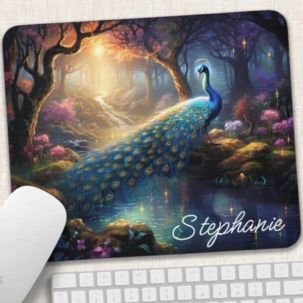 A Peacock With Vibrant Blue And Green Plumage Stands By A Tranquil Stream In A Mystical Forest.