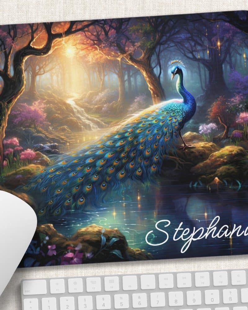 A peacock with vibrant blue and green plumage stands by a tranquil stream in a mystical forest.