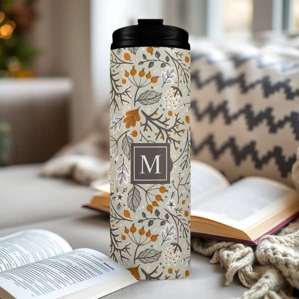 Beige Travel Tumbler With Autumnal Floral Pattern And Monogrammed M.