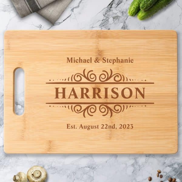 Personalized Bamboo Cutting Board With The Names Michael &Amp; Stephanie Harrison And Established Date August 22Nd, 2023.