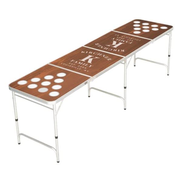 Personalized Brown Wood-Grain Beer Pong Table With A Family Name And Initial.