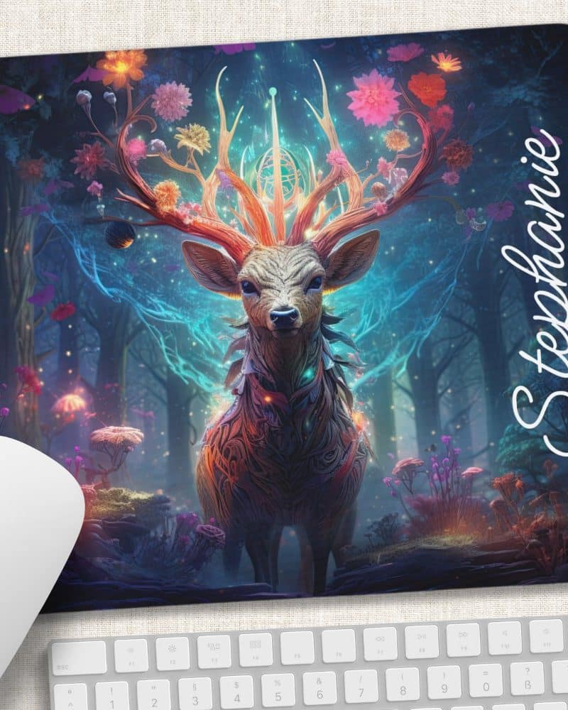 A vibrant, stylized deer with floral antlers stands in an enchanted forest. The name Stephanie is inscribed on the image.
