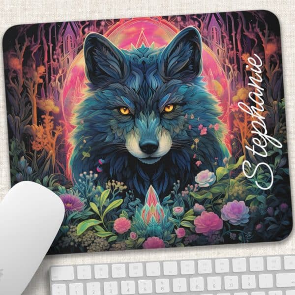 A Vibrant Illustration Of A Wolf'S Face, Surrounded By Colorful Flowers And A Mystical Background. The Name Stephanie Is Written On The Right.
