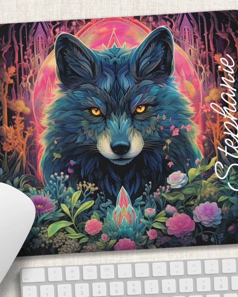 A vibrant illustration of a wolf's face, surrounded by colorful flowers and a mystical background. The name Stephanie is written on the right.