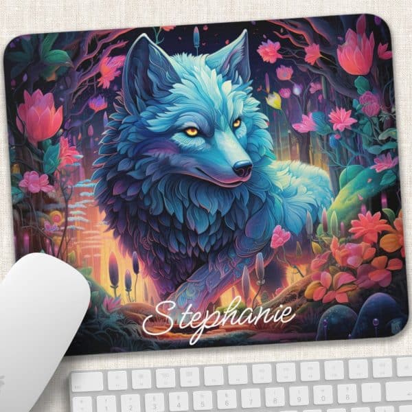 A Vibrant, Stylized Blue Wolf Sits Amidst A Colorful Floral Landscape. The Name Stephanie Is Inscribed Below.