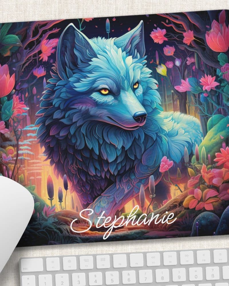 A vibrant, stylized blue wolf sits amidst a colorful floral landscape. The name Stephanie is inscribed below.