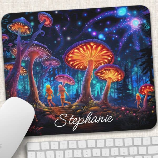 Personalized Mousepad Featuring Two Figures Walking Through A Glowing, Psychedelic Mushroom Forest At Night.