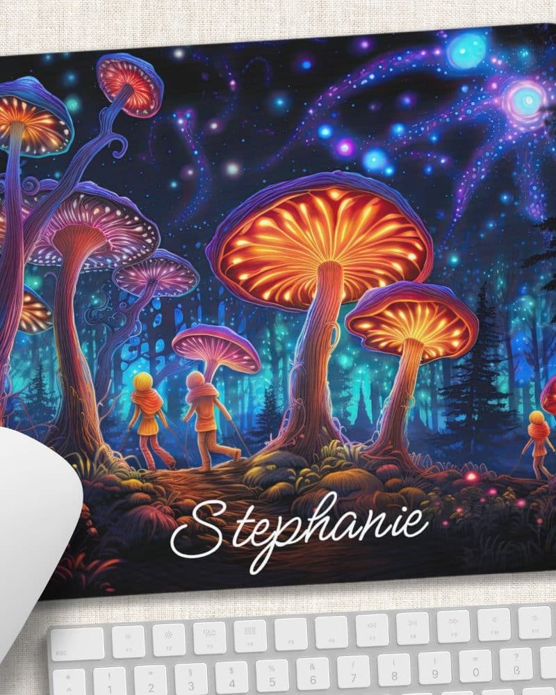 Personalized mousepad featuring two figures walking through a glowing, psychedelic mushroom forest at night.