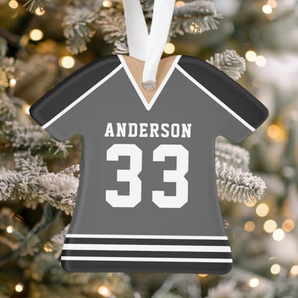 Gray Jersey-Shaped Christmas Ornament With The Name Anderson And Number 33.