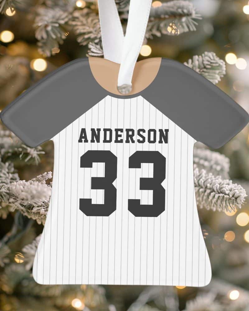 Baseball jersey Christmas ornament with the name Anderson and number 33.