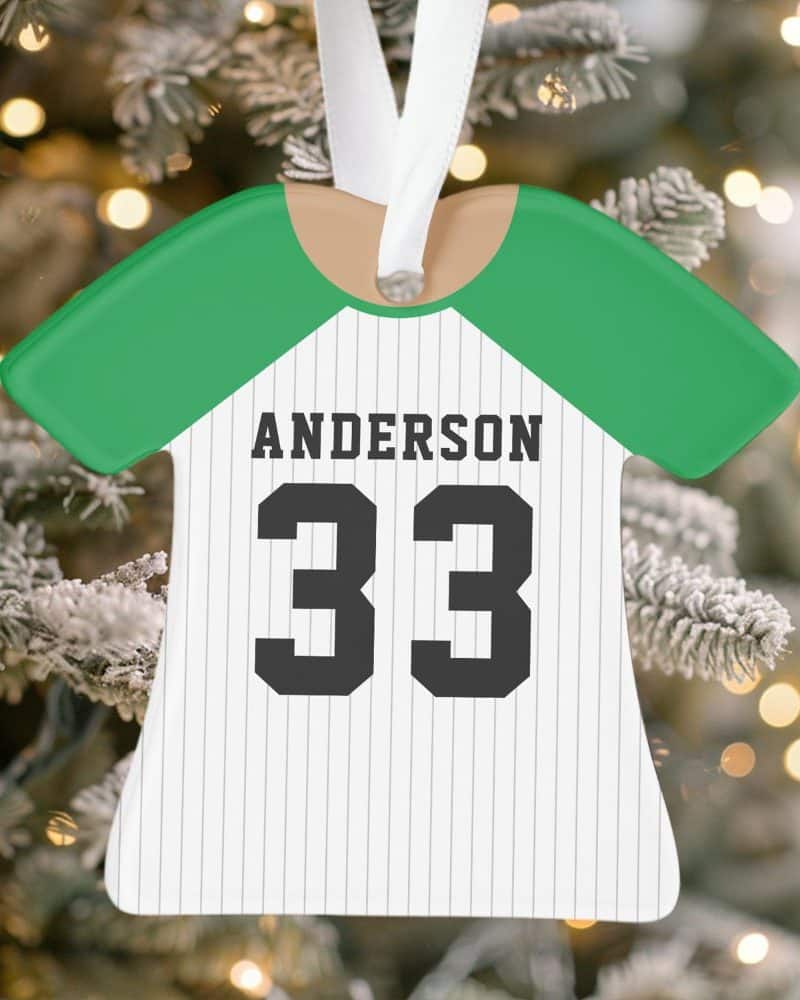 Baseball jersey-shaped Christmas ornament with the name Anderson and number 33.