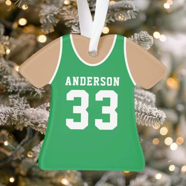 Green And Tan Basketball Jersey Ornament With The Name Anderson And Number 33.