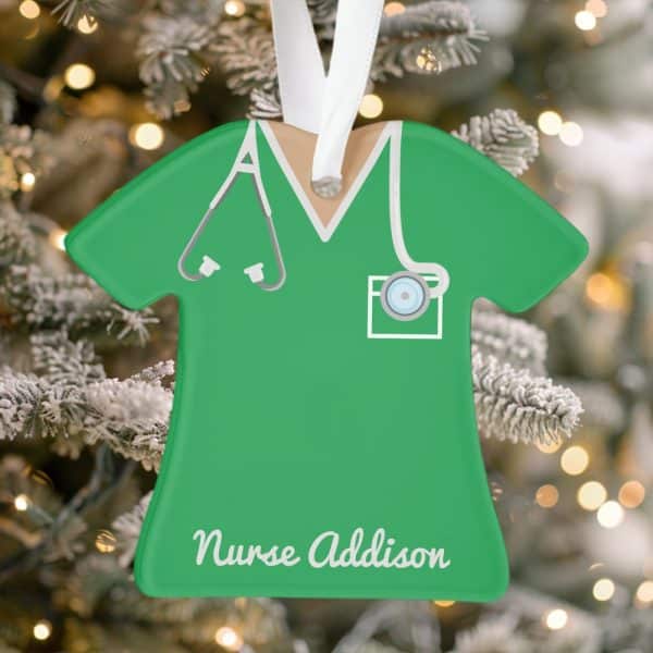 Green Nurse Scrubs Ornament With Stethoscope And Name Addison.
