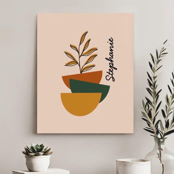 Abstract Art Print Featuring A Stylized Plant In Muted Orange And Green Tones, With The Name Stephanie.