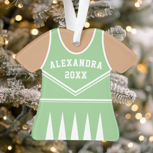 Personalized Light Green Cheerleader Uniform-Shaped Christmas Ornament With The Name Alexandra And Year 20Xx.