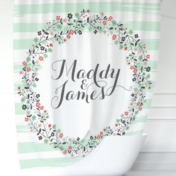Shower Curtain Featuring A Floral Wreath And The Names Maddy &Amp; James.