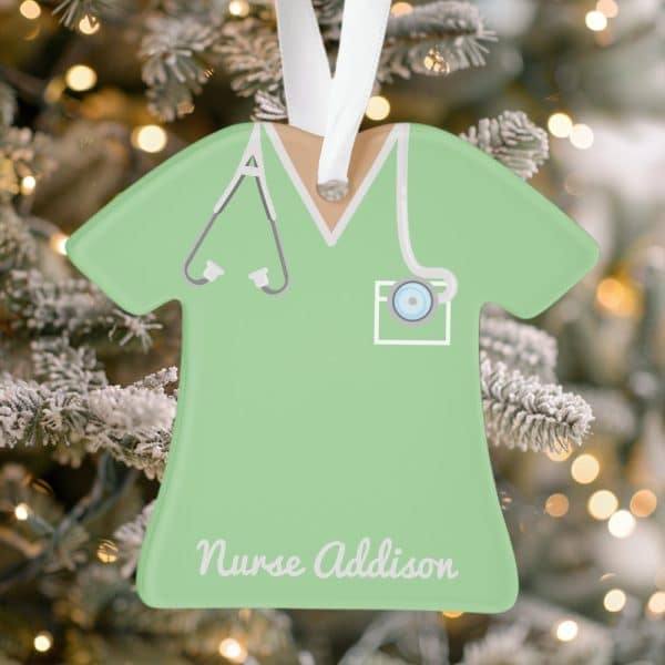 Light Green Nurse Scrubs-Shaped Christmas Ornament With The Name Nurse Addison.