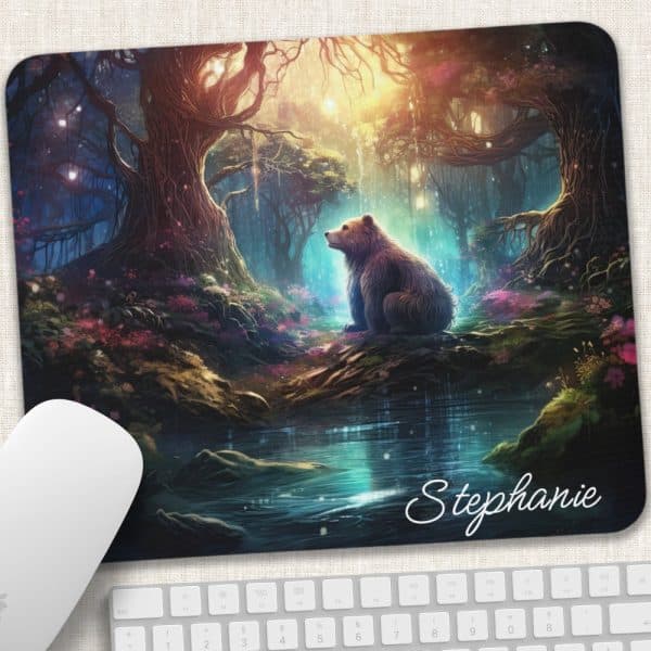 Mousepad Featuring A Brown Bear Sitting By A Mystical Glowing Stream In An Enchanted Forest. The Name Stephanie Is Personalized On The Bottom.