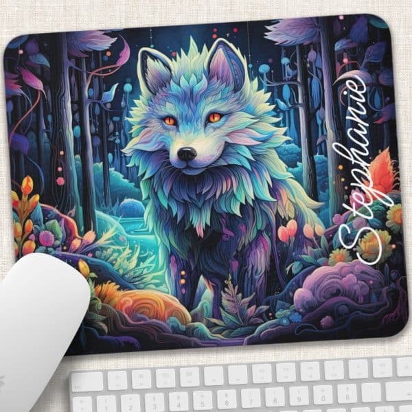 Vibrant Stylized Wolf In A Colorful Forest Scene, Personalized With The Name Stephanie.
