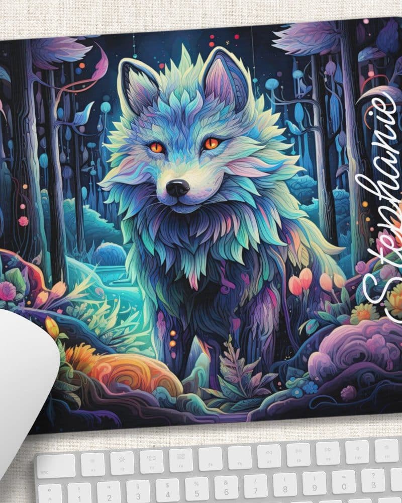 Vibrant stylized wolf in a colorful forest scene, personalized with the name Stephanie.