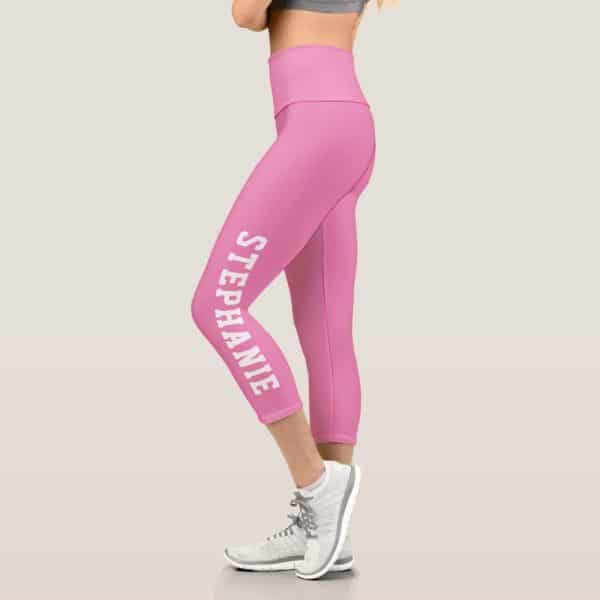 Pink Capri Leggings With The Name Stephanie Printed Vertically On The Leg.