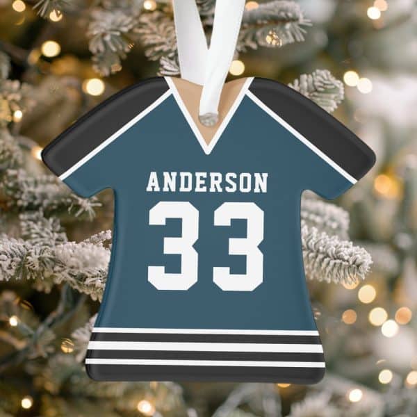 Personalized Teal Hockey Jersey Christmas Ornament With The Name Anderson And Number 33.