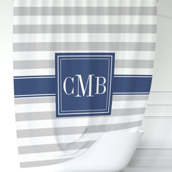 Gray And White Striped Shower Curtain With A Navy Blue Monogram Cmb.