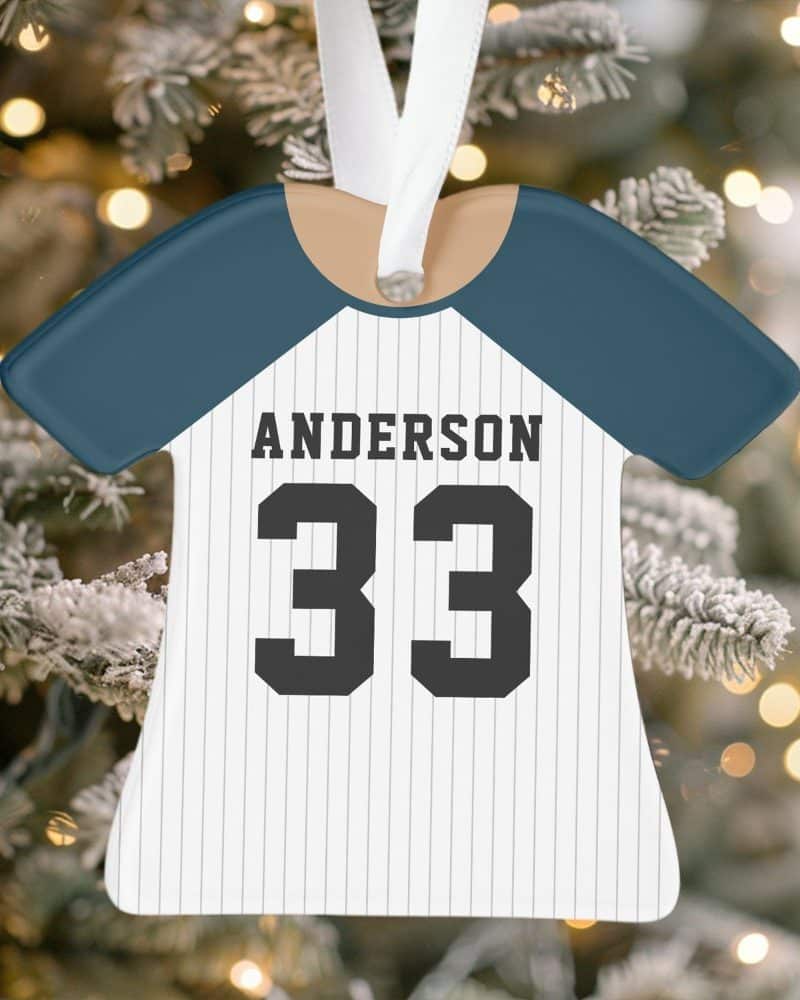 Baseball jersey-shaped Christmas ornament with the name Anderson and number 33.