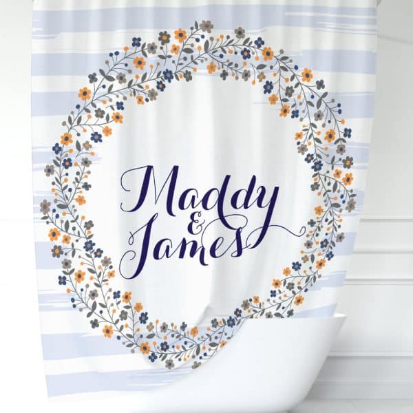Shower Curtain With A Floral Wreath And The Names Maddy &Amp; James.