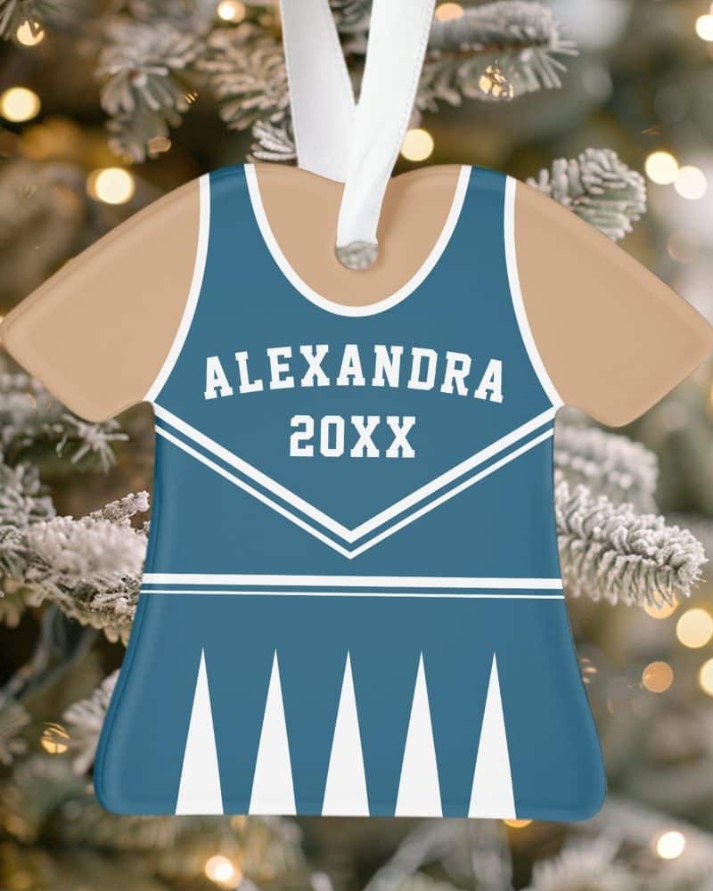 Cheerleader uniform-shaped Christmas ornament with the name Alexandra and year 20XX.