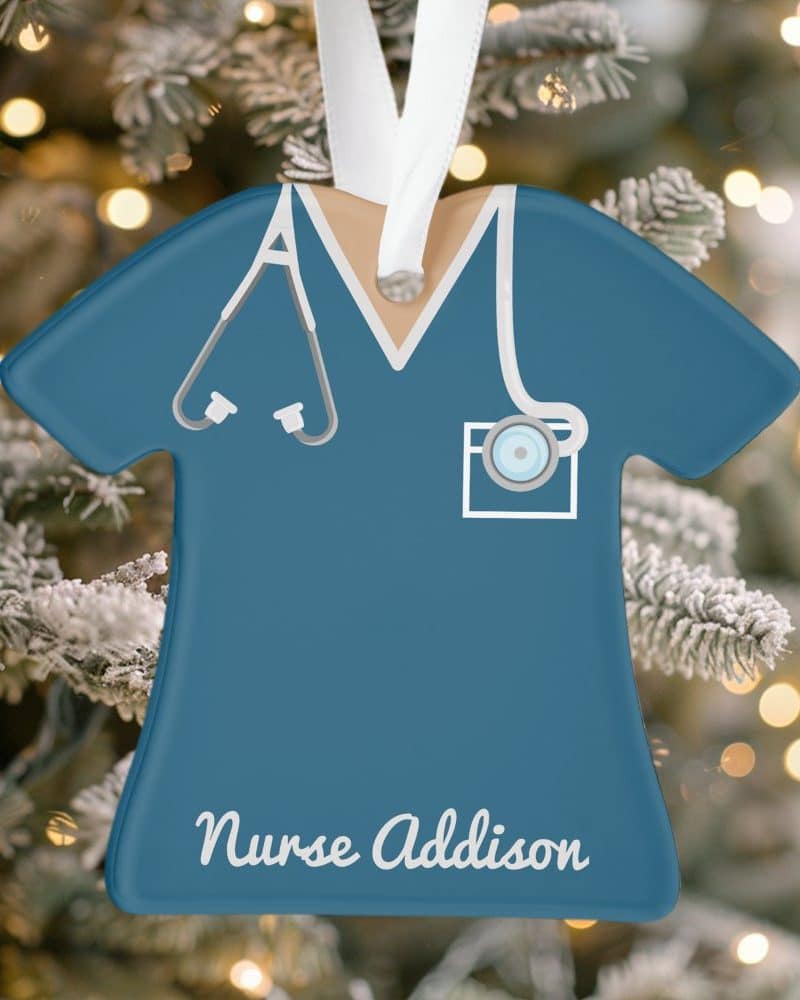 Teal blue nurse scrubs ornament with stethoscope and name Addison.