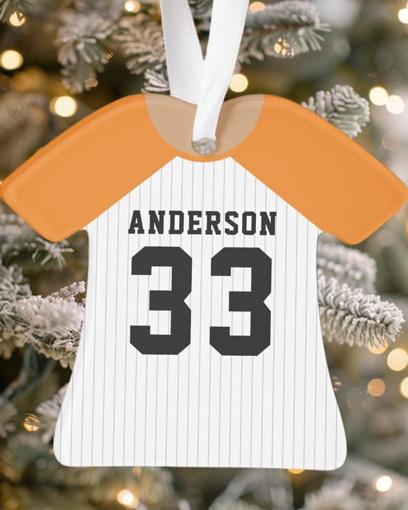 Baseball jersey-shaped Christmas ornament with the name Anderson and number 33.