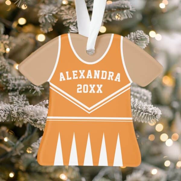 Orange And Beige Personalized Cheerleader Uniform Shaped Christmas Ornament.
