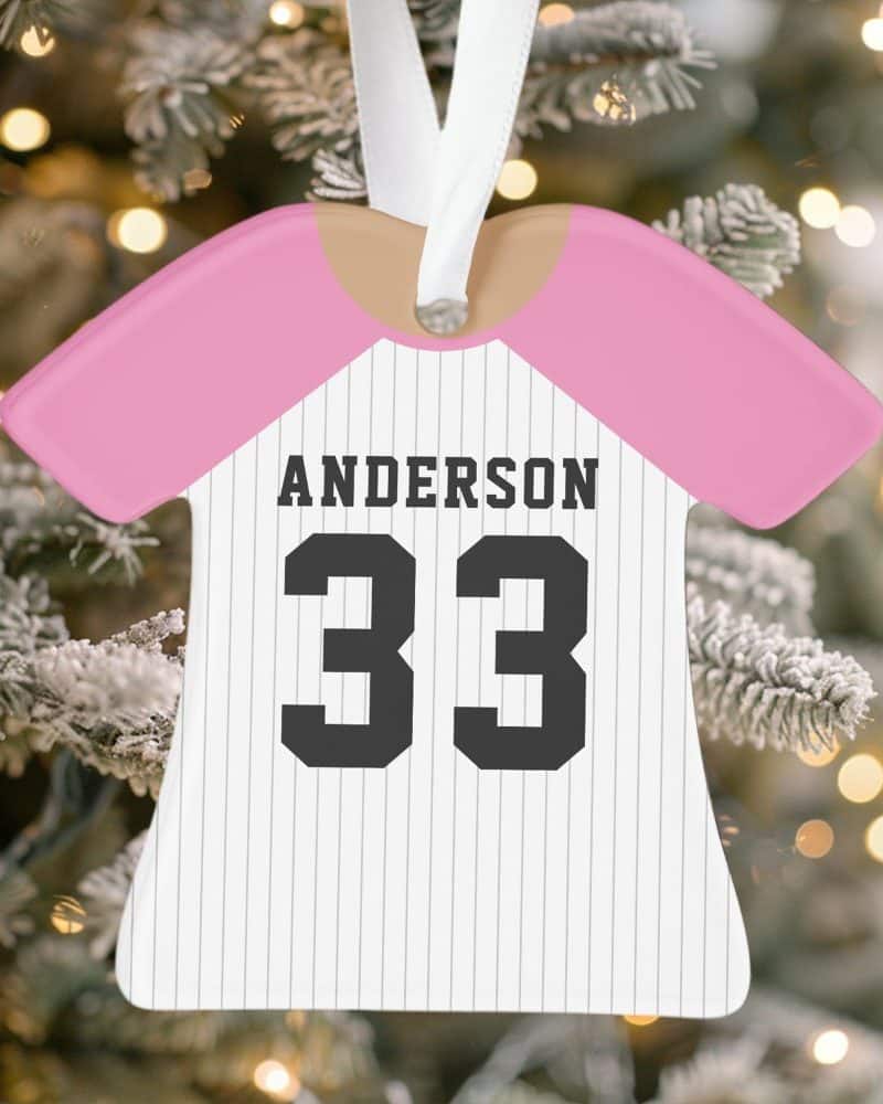 Baseball jersey-shaped Christmas ornament with the name Anderson and number 33.