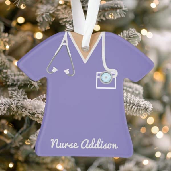 Purple Nurse Scrubs Ornament With Stethoscope And Name Addison.