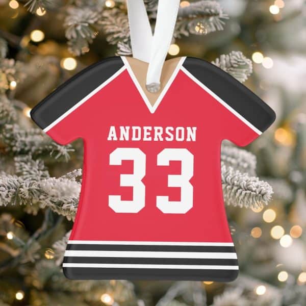 Red And Black Personalized Jersey Christmas Ornament With The Name Anderson And Number 33.