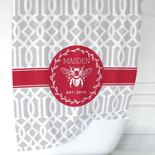 Grey And Red Shower Curtain With A Red Circle Featuring A Bee, The Name Madsen, And The Year 2015.