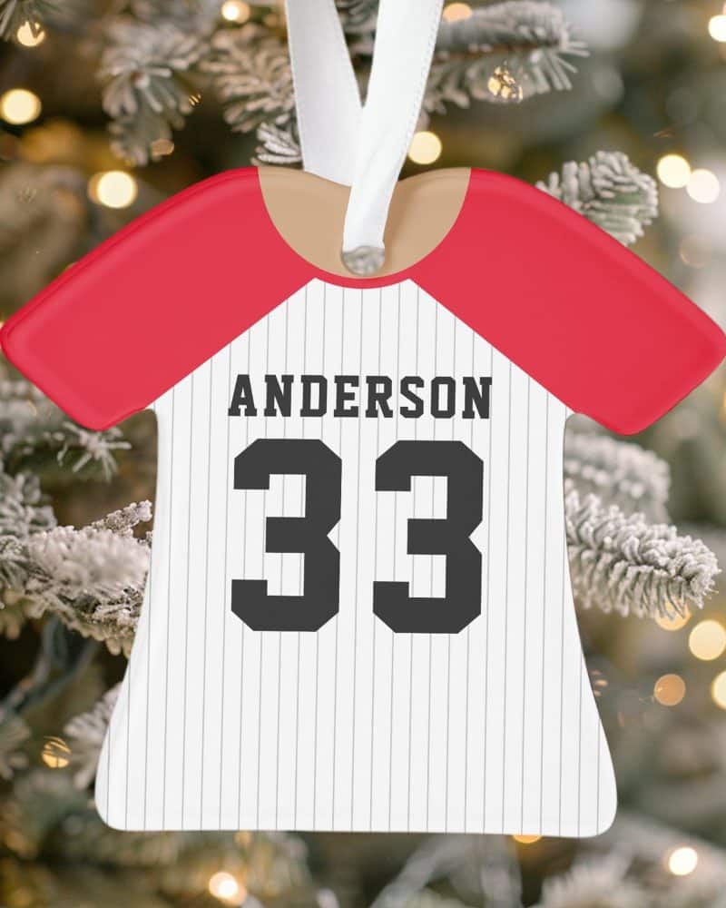 Baseball jersey-shaped Christmas ornament with the name Anderson and number 33.