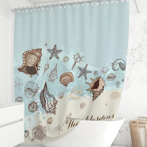 Shower Curtain With A Seashell And Starfish Design On A Light Blue Background.