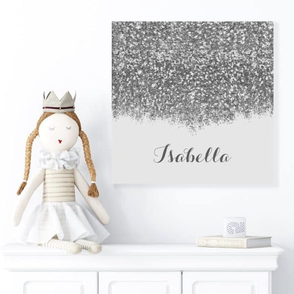 Silver Glitter Canvas With The Name Isabella.