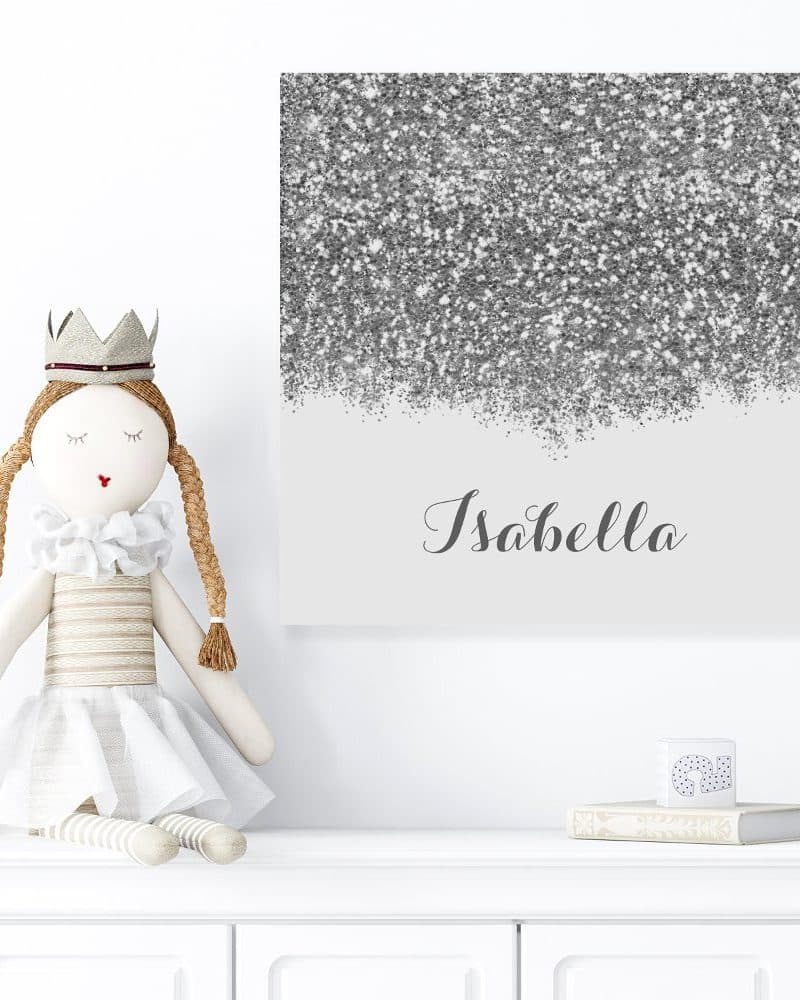 Silver glitter canvas with the name Isabella.