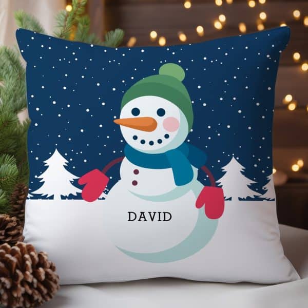 A Throw Pillow Featuring A Cartoon Snowman With The Name David.