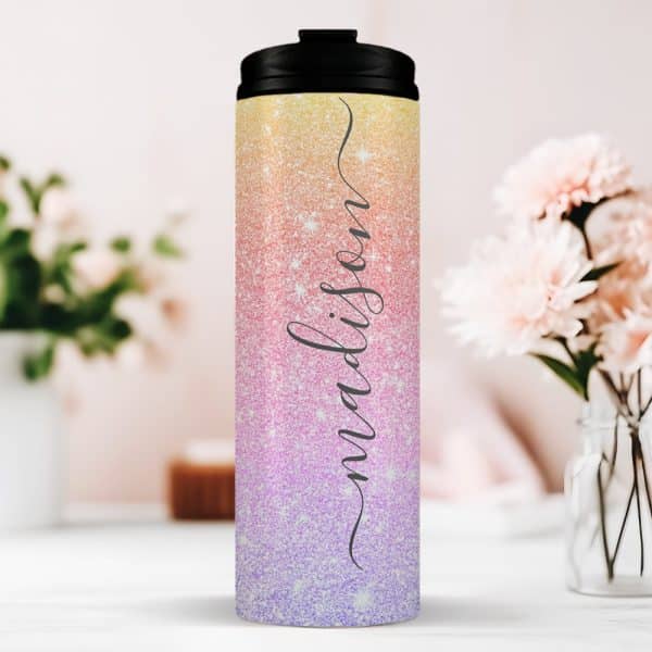 Personalized Ombre Glitter Tumbler With The Name Madison.
