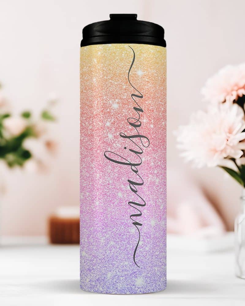 Personalized ombre glitter tumbler with the name Madison.